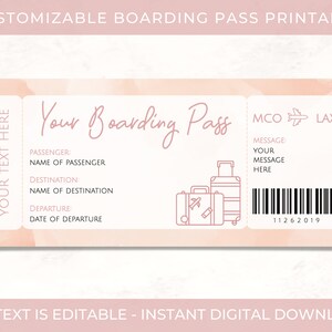 Personalized Boarding Pass, Editable Airline Ticket Printable, Surprise Gift Ticket, Boho Neutral Watercolor, Surprise Vacation Plane Ticket