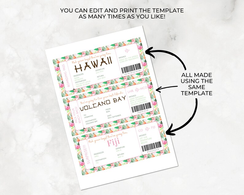 Editable Airline Ticket, Personalized Hawaiian Boarding Pass Printable