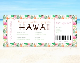 Editable Airline Ticket, Personalized Hawaiian Boarding Pass Printable, Hawaii Surprise Trip Gift Voucher, Tropical Vacation Plane Ticket