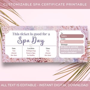 Certificado de regalo para un día de spa, entrada personalizada para un día de spa, regalo de cumpleaños de última hora para ella, cupón imprimible para masajes, plantilla editable