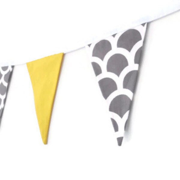 Pennant banner, flag garland, fabric bunting, doubled sided bunting, wall hanging, yellow and grey