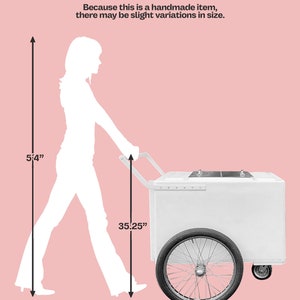 May include: Size comparison of a person standing next to a white ice cream cart. The person is 5'4" tall and the cart is 35.25" tall.  Because this is a handmade item, there may be slight variations in size.