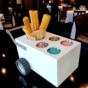 Mini Table Top Churro Cart, Esquite Cart, Elote Cart, Corn Cart, Dessert Display Cart for Home or Business with 4 toppings containers