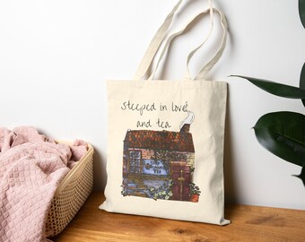 Cozy Tea Shop Cottage Canvas Tote Bag: Reusable Grocery Bag