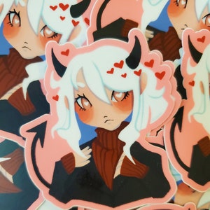 May include: A set of stickers featuring a cartoon character with white hair, red eyes, and a red sweater. The character has small horns and a tail. The stickers are pink and have hearts around the character's head.