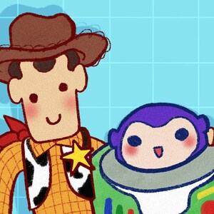 PIXAR TOY STORY Wydruk pocztówki | Woody Buzz Lightyear | Disney Fanart Cowboy Space Spaceman Yeehaw Niebieski Zielony Pomarańczowy Brązowy Najlepsi Przyjaciele