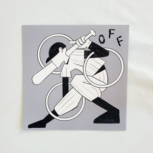 May include: Black and white illustration of a baseball player swinging a bat with the word "OFF" in the top right corner.