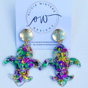 MARDI GRAS Fleur de Lis Glitter Acrylic Earrings with gold post