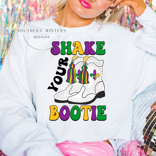 Adult Mardi Gras White Parade Boots, Shake Your Bootie Sweatshirt, Mardi Gras, White Mardi Gras Parade Boots Sweatshirt, Trendy Mardi Gras