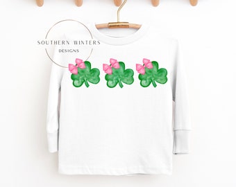 T-shirt a maniche lunghe con quadrifogli rosa e fiocchi rosa, camicia per ragazze del giorno di San Patrizio, camicia di San Patrizio per bambini Coquette, camicia fortunata