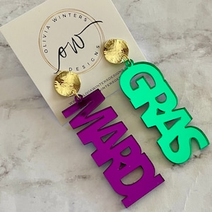 New! MARDI GRAS Purple and Green MIRROR Acrylic Earrings with gold post
