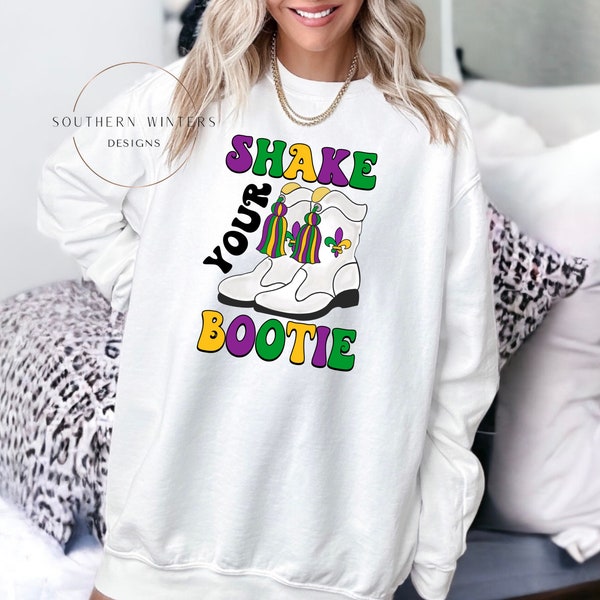 Comfort Colors Adult Mardi Gras White Parade Boots sweatshirt, Shake Your Bootie sweatshirt, White Mardi Gras Boots, Trendy Mardi Gras