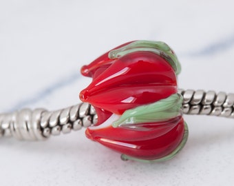 Lampwork Euro Charm Bead, Vivid Red Artisan Glass Big Hole Bead, Lampwork European Charm, Handmade Lampwork