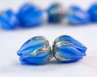 Blue Lampwork Flower Beads, Handmade Glass Beads for Earrings, Bead Set for Jewelry
