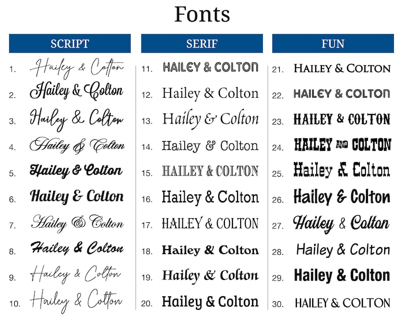 a collection of various font styles, including script, serif, and fun fonts, arranged in a table format.