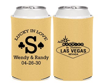 Las Vegas Wedding Favors, Wedding Ideas, Just Married Gifts, Monogram Lucky in Love, Las Vegas Sign, Personalized Can Coolers | 456