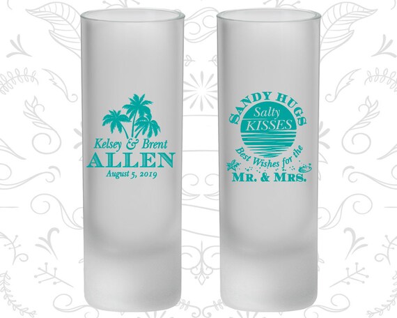 Sandy Hugs Salty Kisses Best Wishes to the Mr and Mrs, Frosted Tall Shot Glasses, Beach Wedding, Palm Trees (C25) Il_570xn