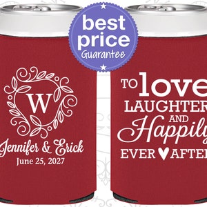 Wedding Can Coolers, Love Laughter and Happily Ever After, Monogram, Personalized Can Coolers, Custom Can Coolers, Wedding Favors C61 image 1
