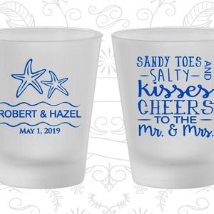 Sandy Toes and Salty Kisses, Cheers to the Mr and Mrs, Printed Frosted Shot Glasses, Tropical Wedding, Beach, Starfish | 356