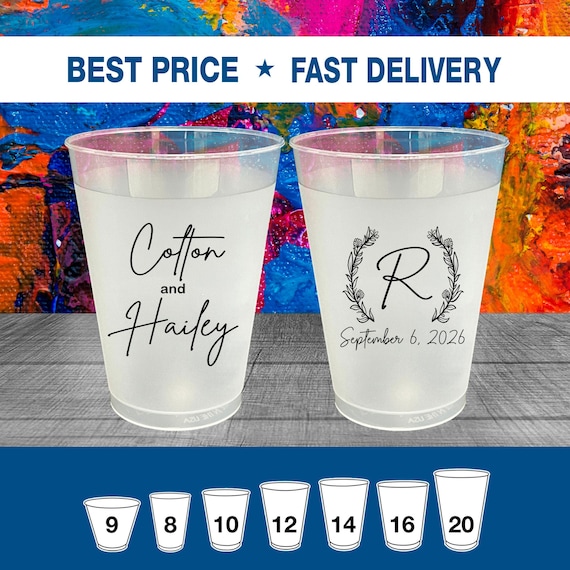 Personalized Wedding Cups, Frosted Cups, Shatterproof Frost Flex Cups, Wedding Toast Cups, Custom Reception Bar Cups, Monogram Cups | 803