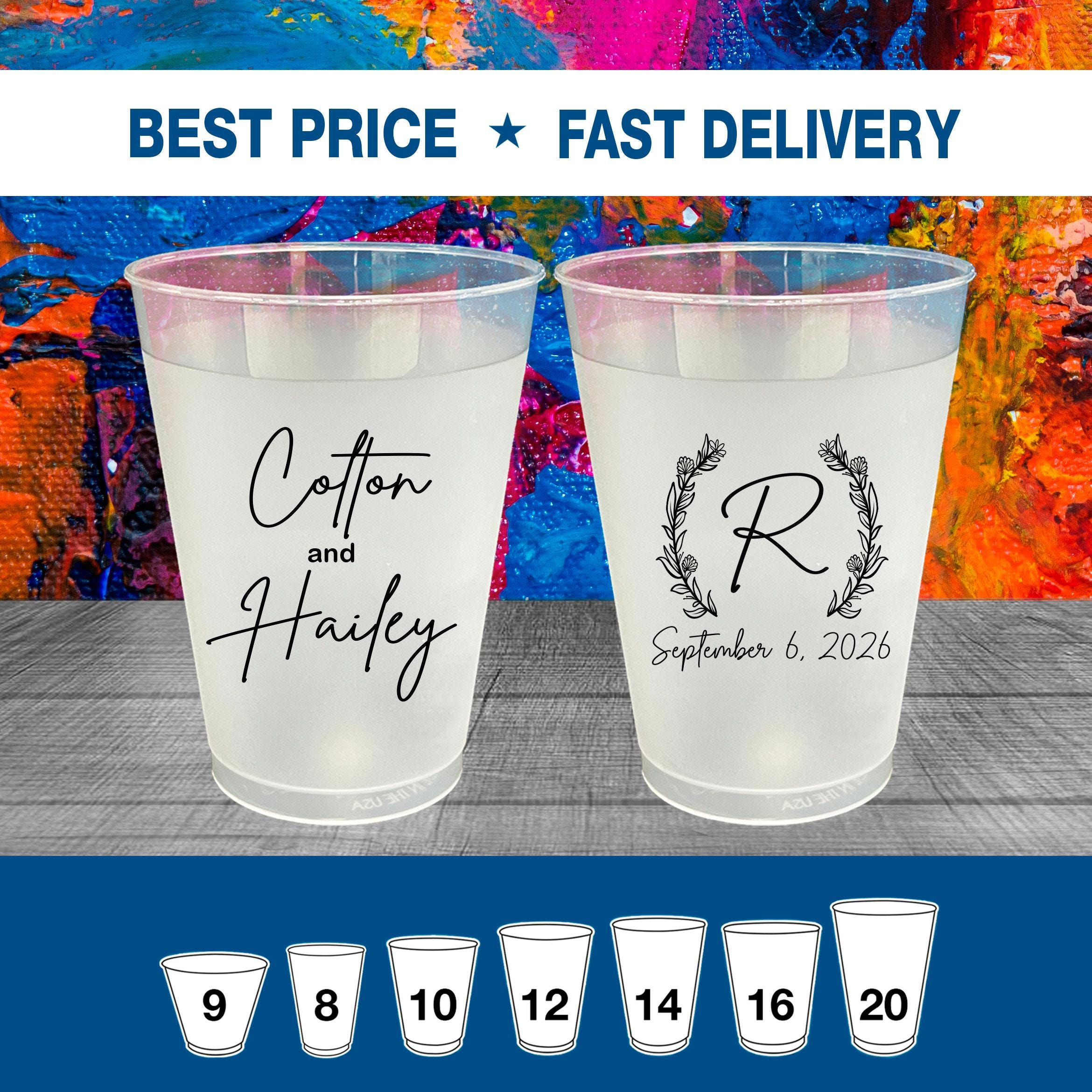 Personalized Wedding Cups, Frosted Cups, Shatterproof Frost Flex Cups, Wedding Toast Cups, Custom Reception Bar Cups, Monogram Cups | 803