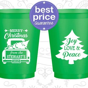 Christmas Frosted Plastic Cups, Christmas Party Favors, Holiday Party Cups, Funny Christmas, Farmhouse Christmas, Joy Love Peace | 280026