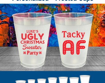 Christmas Frosted Cups, Christmas Favors, Holiday Party Cups, Funny Christmas, Ugly Christmas Sweater Party, Tacky Sweater Party | 280021