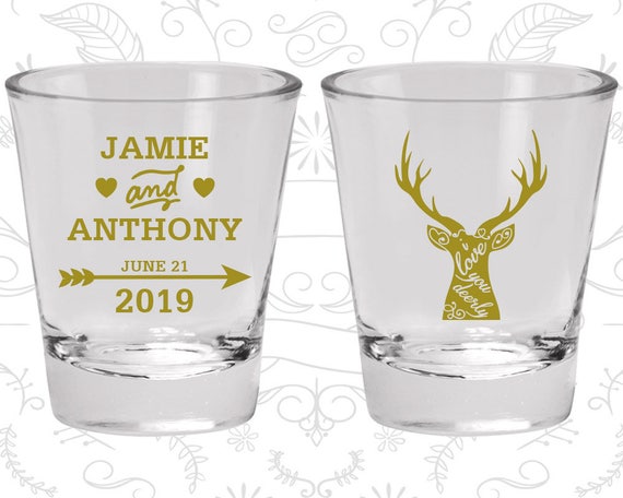 I Love you Deerly Shot Glasses, Custom Glassware, Deer Antler Wedding Shot Glasses, Antler Wedding, Arrow Wedding, Custom Shot Glasses (282) Il_570xn