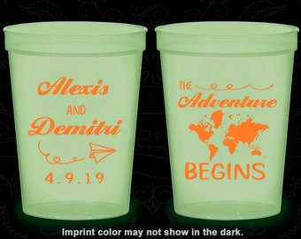 The Adventure Begins, Printed Glow Cups, Destination, Travel Wedding, World Map, Glow-in-the-Dark (276)