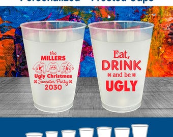 Christmas Frosted Cups, Christmas Favors, Holiday Party Cups, Holiday Party Favors, Ugly Sweater Party, Eat Drink and Be Ugly | 280023
