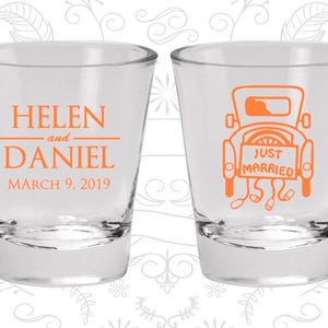 Just Married Shot Glasses, Customized Shot Glass, Vintage Car, Vintage Wedding Shot Glasses, Wedding Shot Glasses | 613