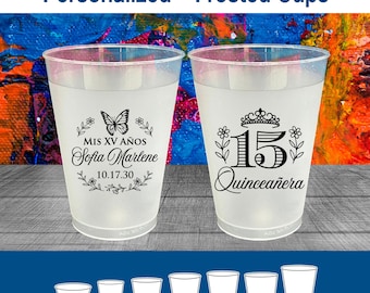 Personalized Quinceañera Frosted Cups, Mis Quince Años, 15th Birthday Copas, Quince Recuedeos, Quinceanera Party Favors | 70007