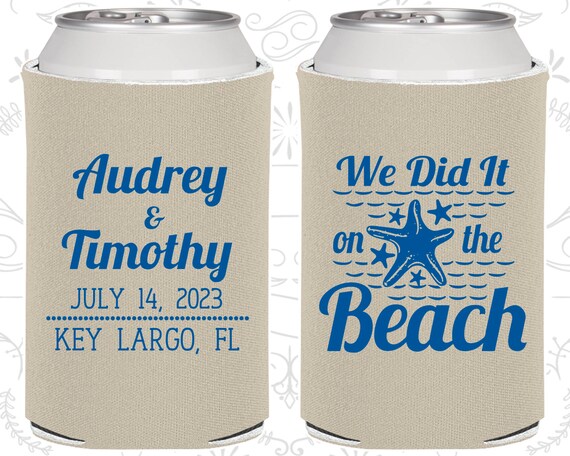 We did it on the beach, Beach Wedding Gift, Tropical Wedding Gift, Starfish Wedding Gift, Starfish Favors, Custom Coolies (412) Il_570xn