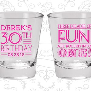 30th Birthday Shot Glasses, Birthday Shot Glass, Three Decades of Fun, All rolled into one, Birthday Shot Glasses 20020 image 1