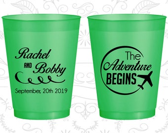 The Adventure Begins, Promotional Shatterproof Cups, Destination, Travel Wedding, Plane, Silver Frosted Cups (277)