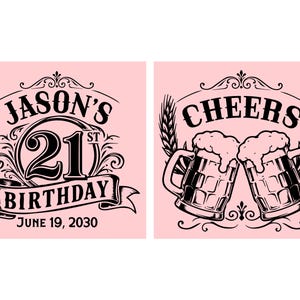 Op de afbeelding: Twee vierkante lichtroze afbeeldingen met zwarte inktontwerpen. De linker afbeelding bevat de tekst JASON'S 21ST BIRTHDAY JUNE 19, 2030 met sierlijke krullen. De rechter afbeelding toont twee klinkende bierpullen met schuim en het woord CHEERS.