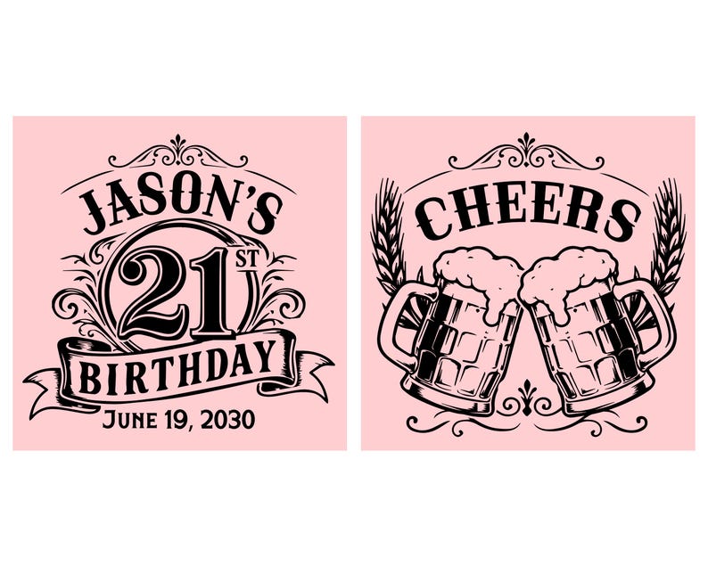 Op de afbeelding: Twee vierkante lichtroze afbeeldingen met zwarte inktontwerpen. De linker afbeelding bevat de tekst JASON'S 21ST BIRTHDAY JUNE 19, 2030 met sierlijke krullen. De rechter afbeelding toont twee klinkende bierpullen met schuim en het woord CHEERS.