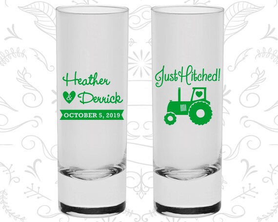 Just Hitched, Custom Tall Shot Glass, Tractor, Country Rustic Shooters, Rustic Shooters, Barn Wedding Shooters, Shooters (82) Il_570xn
