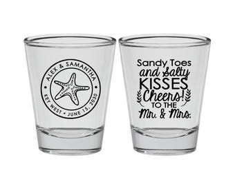 Sandy Toes and Salty Kisses, Cheers to the Mr and Mrs, Personalized Shot Glasses, Beach Wedding Shot Glasses, Starfish | 355