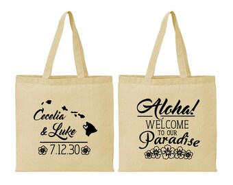 Aloha, Welcome to Our Paradise, Personalized Tote, Floral Bags, Aloha Wedding Bags, Hawaii Bags, Wedding Bags | 365