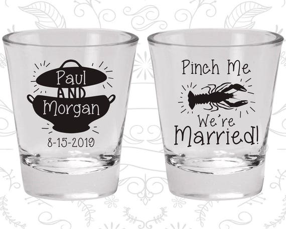Pinch Me, We are Married, Wedding Glassware, Crawfish Boil Shot Glasses, Nola Wedding Shot Glasses, Crawfish Party Shot Glasses (288) Il_570xn