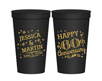 Anniversary Cups, 60th Wedding Anniversary Party Favors, Anniversary Decorations, Diamond Anniversary Favors, Happy Anniversary | 80009