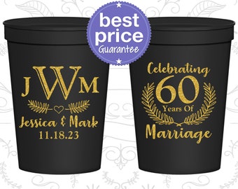 Anniversary Plastic Cups, 60th Wedding Anniversary Party Favors, Anniversary Decorations, Diamond Anniversary, 60 Years of Marriage (80029)