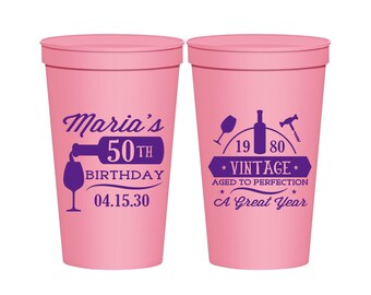50th Birthday Party Cups, Personalized Plastic Party Cups, Wine Birthday Cups, Age to Perfection, Birthday Party Cups | 20098