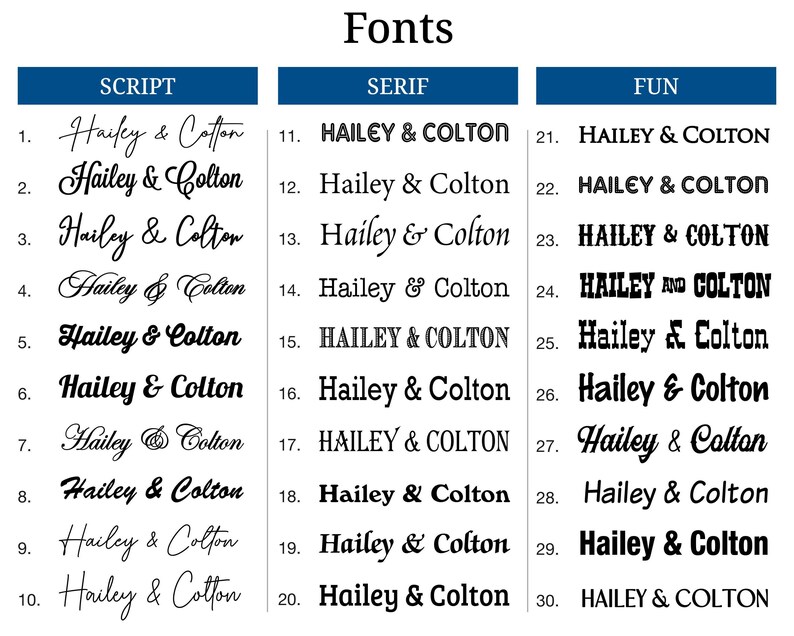 a collection of various font styles, including script, serif, and fun fonts, arranged in a table format.