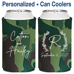 100 pcs | Personalized Can Coolers, Green Camouflage Wedding Can Coolers, Custom Beer Can Insulators | 803