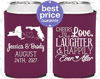 Custom Gifts, State to State Wedding Gift, State Favors, Wedding Favor Can Coolers, Cheers to Love Laughter and Happily Ever After (C329)