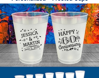 Anniversary Frosted Cups, 60th Wedding Anniversary Party Favors, Anniversary Decorations, Diamond Anniversary, Happy Anniversary | 80009