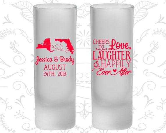 Cheers to Love Laughter, Frosted Tall Shot Glasses, State to State Wedding, State (C329) Il_570xn