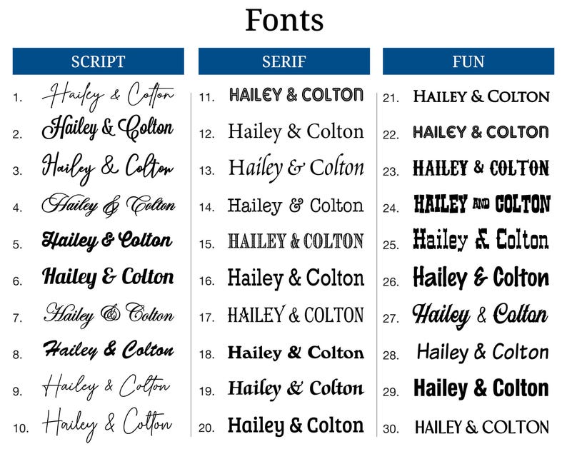 a collection of various font styles, including script, serif, and fun fonts, arranged in a table format.
